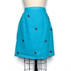 NWT Vintage 90s Deadstock Aqua Blue Embroidered Ladybug A-Line Mini Skirt 10 M/L